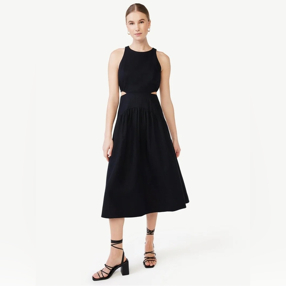 Scoop Linen Cutout Midi Dress in Black Size Large Boho Sundress Minimalist